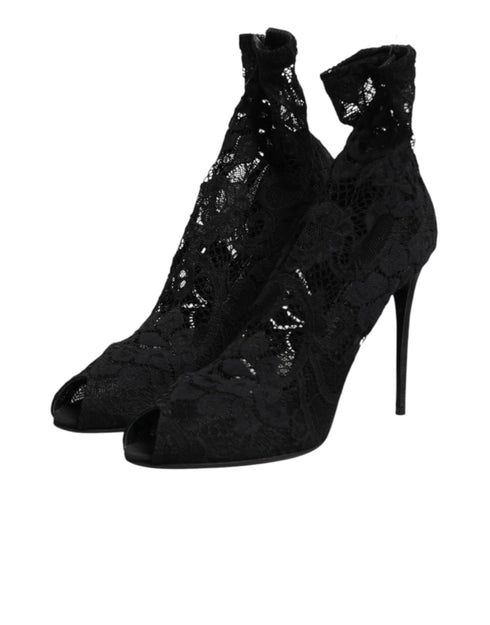 Dolce & Gabbana Black Stretch Taormina Lace Boots Shoes