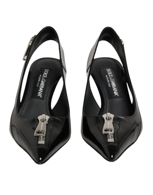 Dolce & Gabbana Black Zipper Leather Heels Slingbacks Shoes