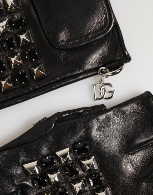 Dolce & Gabbana Black Leather Studded Fingerless Hand Mitten Men Gloves
