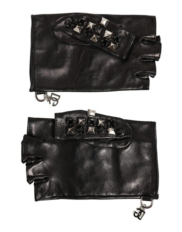Dolce & Gabbana Black Leather Studded Fingerless Hand Mitten Men Gloves