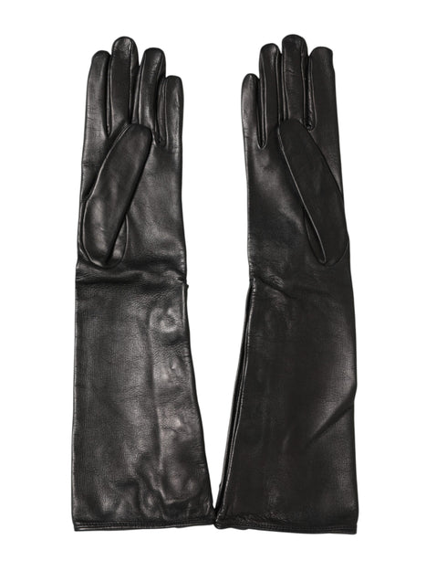 Dolce & Gabbana Black Leather Embellished Long Mitten Gloves