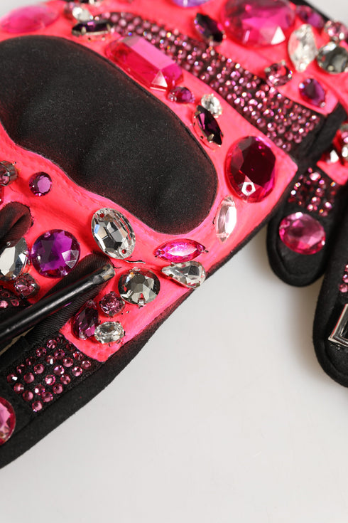 Dolce & Gabbana Black Pink Crystal Wrist Length Mitten Gloves