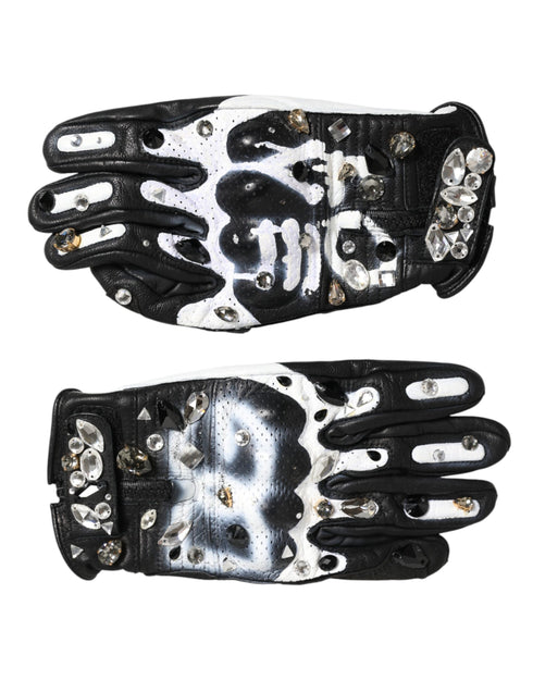 Dolce & Gabbana Gloves Black White Crystal Wrist Length Mitten Gloves