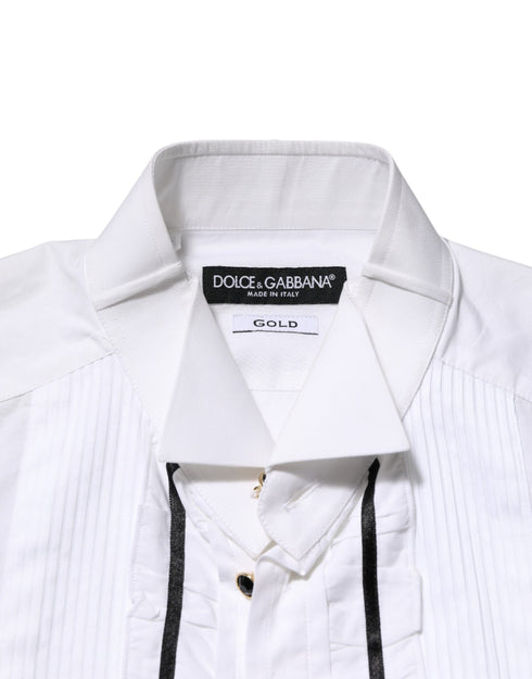 Dolce & Gabbana White Cotton Collared Long Sleeve GOLD Dress Shirt