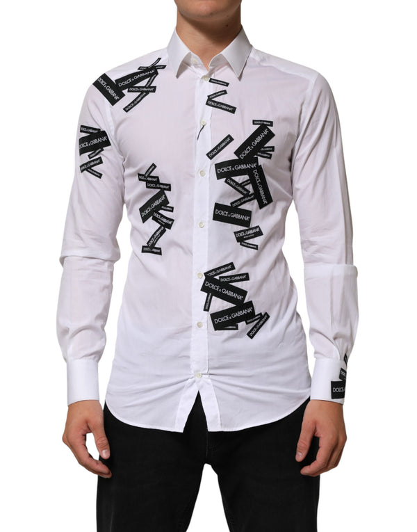 Dolce & Gabbana White Logo Cotton Collared GOLD Dress Shirt