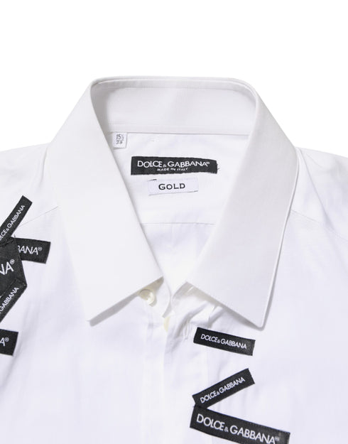 Dolce & Gabbana White Logo Cotton Collared GOLD Dress Shirt