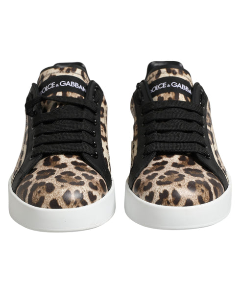 Dolce & Gabbana Brown Leather Leopard Low Top Sneakers Shoes
