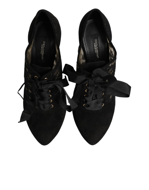 Dolce & Gabbana Black Floral High Heels LACE-UPS Pumps Shoes