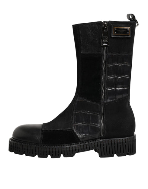 Dolce & Gabbana Black Patchwork Leather Mid Calf Boot Shoes