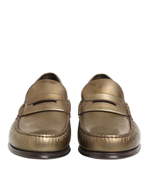 Dolce & Gabbana Gold Leather Slip On Dress Men Loafers Shoes