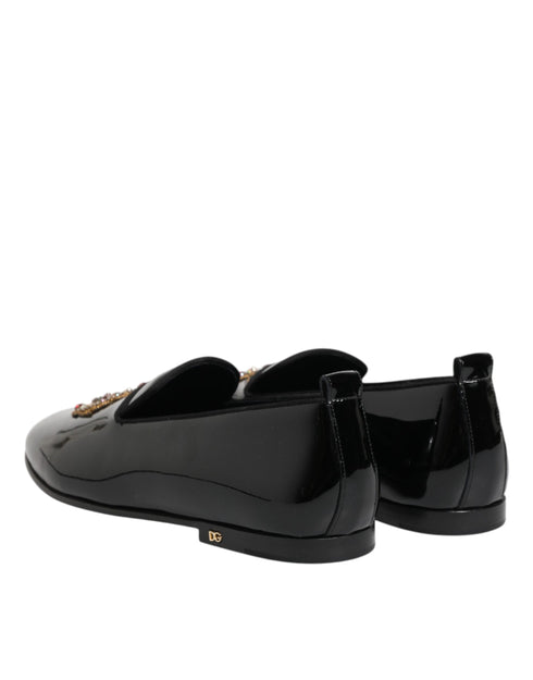 Dolce & Gabbana Black Leather Gold Crown Mens Loafers Shoes