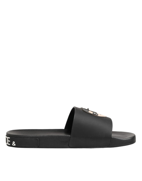 Dolce & Gabbana Black Leather Slides Sandals Beachwear Shoes