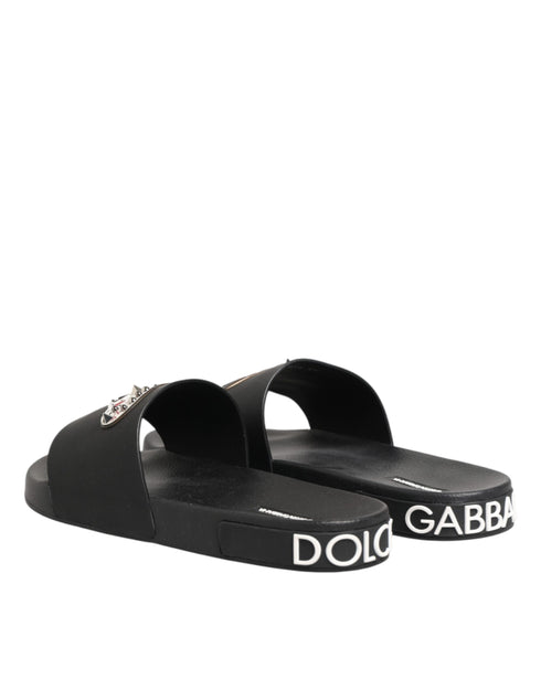 Dolce & Gabbana Black Leather Slides Sandals Beachwear Shoes