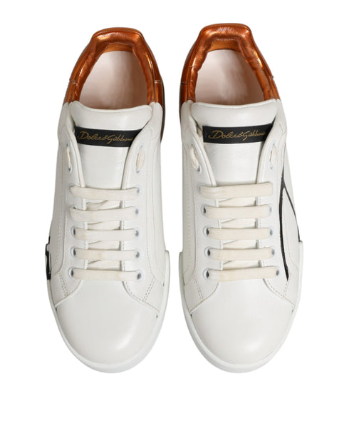 Dolce & Gabbana White Brown Leather Low Top Sneakers Shoes