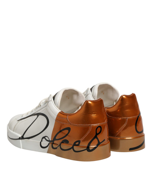 Dolce & Gabbana White Brown Leather Low Top Sneakers Shoes