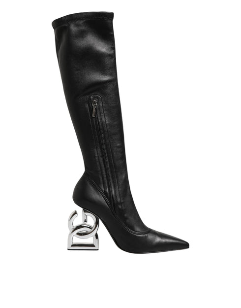 Dolce & Gabbana Black Leather DG Logo Knee High Boots Shoes