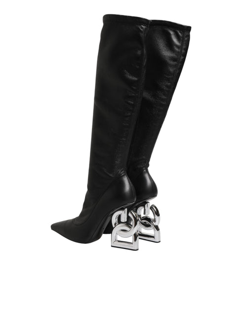 Dolce & Gabbana Black Leather DG Logo Knee High Boots Shoes