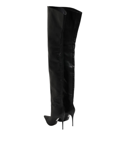 Dolce & Gabbana Black Leather Stiletto Knee High Boots Shoes