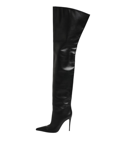 Dolce & Gabbana Black Leather Stiletto Knee High Boots Shoes