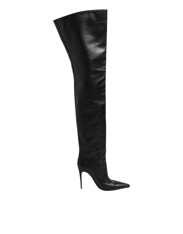 Dolce & Gabbana Black Leather Stiletto Knee High Boots Shoes