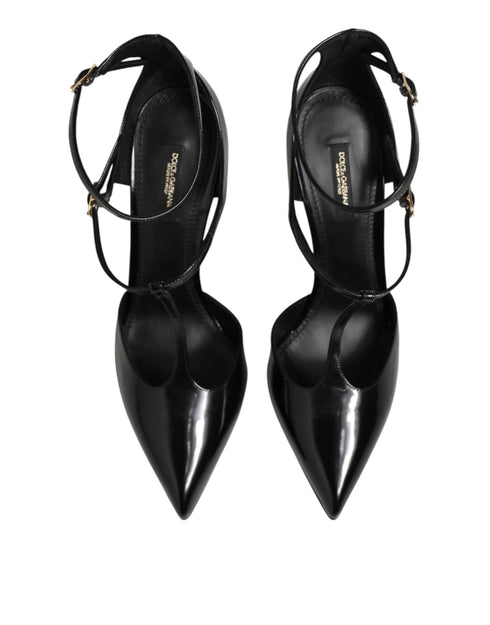 Dolce & Gabbana Black Leather T-STRAPS Heels Sandals Shoes