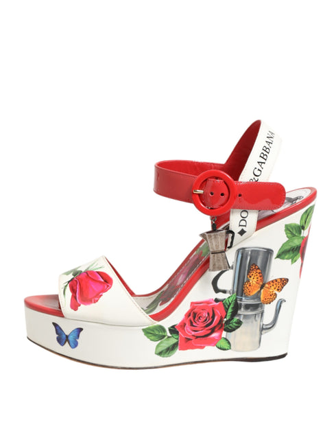 Dolce & Gabbana White Floral Ankle Strap Wedge Sandals Shoes