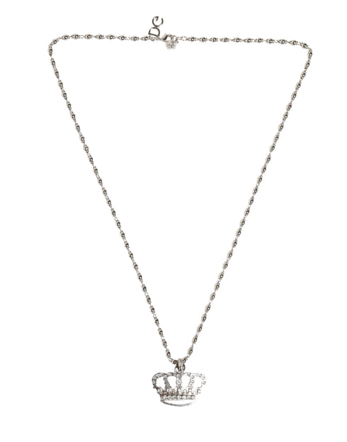Dolce & Gabbana Silver Tone Brass Chain Crown Crystal Pendant Necklace