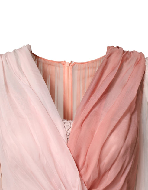 Dolce & Gabbana Pink Silk Tulle Long Sleeve V-neck Dress