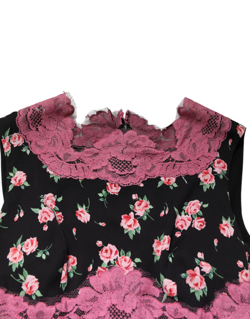 Dolce & Gabbana Black Pink Floral Lace Silk Sheath Dress