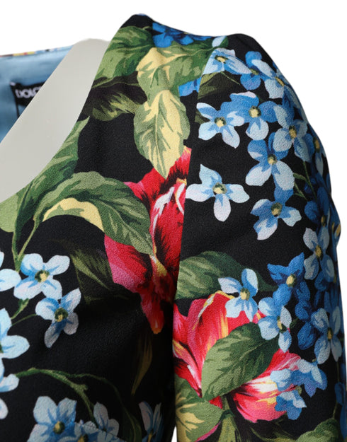 Dolce & Gabbana Black Floral Print Viscose Sheath Midi Dress