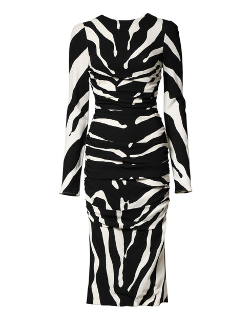 Dolce & Gabbana Black White Zebra Viscose Sheath Midi Dress