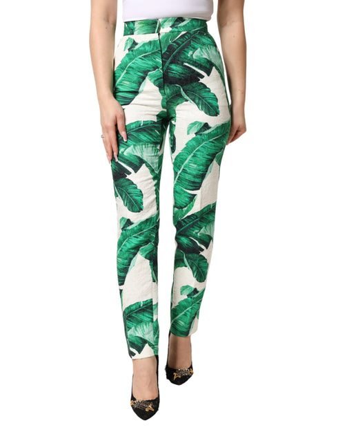Dolce & Gabbana White Green Leaf High Waist Trousers Pants