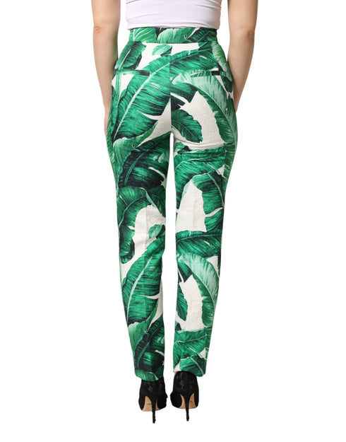 Dolce & Gabbana White Green Leaf High Waist Trousers Pants