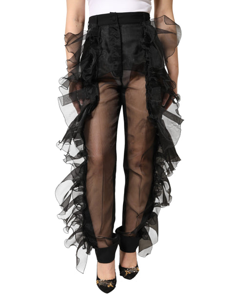 Dolce & Gabbana Black High Waist Tulle Wool Trouser Pants