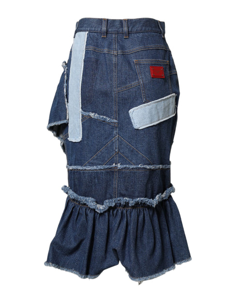 Dolce & Gabbana Blue Patchwork Layered Denim Midi Skirt