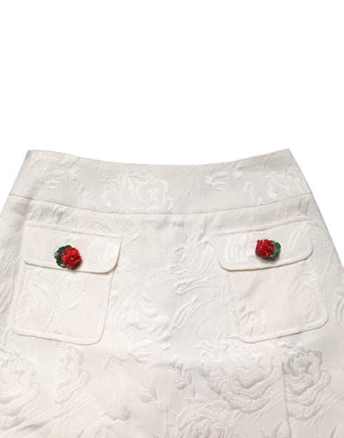 Dolce & Gabbana White Floral Brocade High Waist Mini Skirt